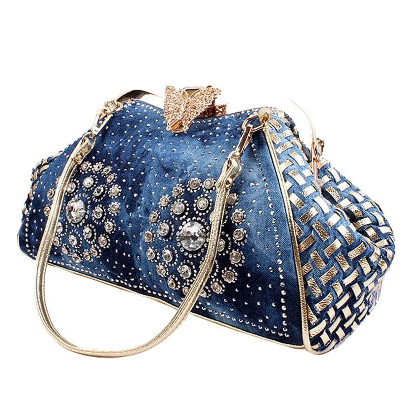 Denim Rhinestones Women Handbag Clutch Bag For Evening Party Chic Butterfly Decoration Ladies Denim Shoulder Bag
