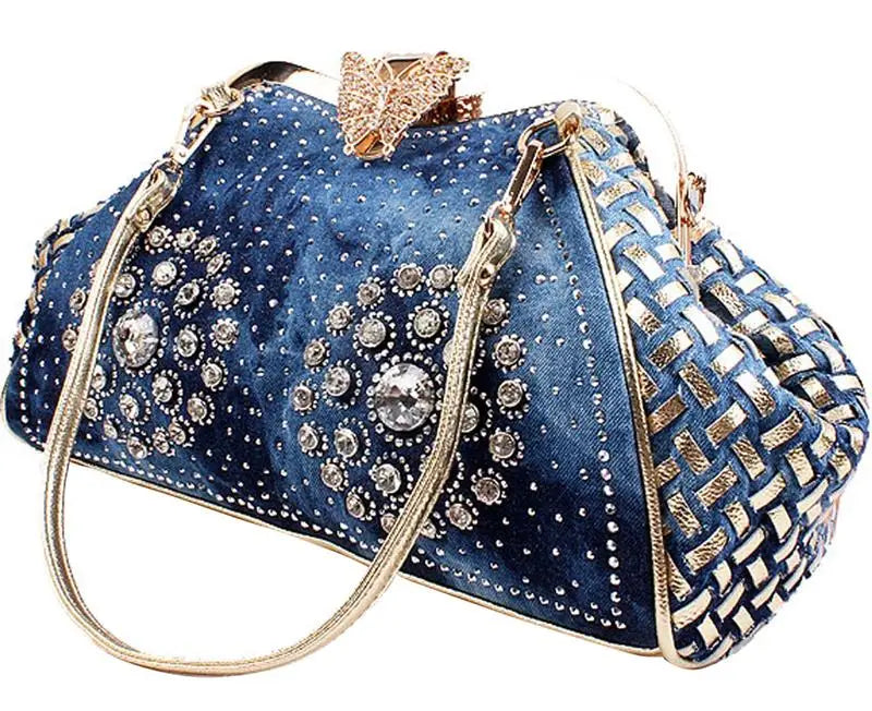 Denim Rhinestones Women Handbag Clutch Bag For Evening Party Chic Butterfly Decoration Ladies Denim Shoulder Bag