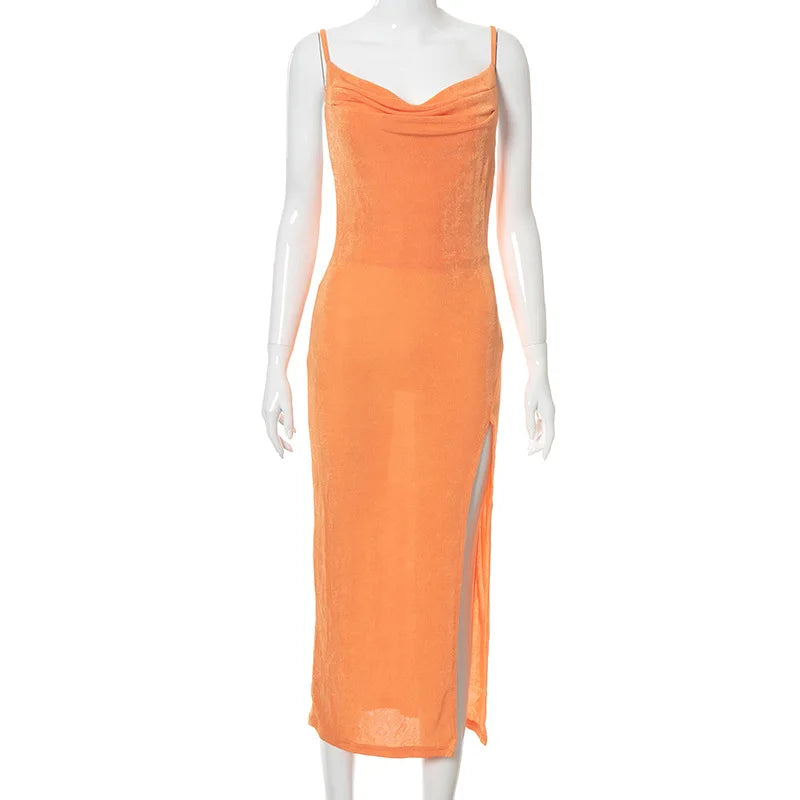 Sexy Dresses for Women High Split Party Dresses Spaghetti Straps Cowl Neck Long Dresses Backless Bodycon Dress For Girls