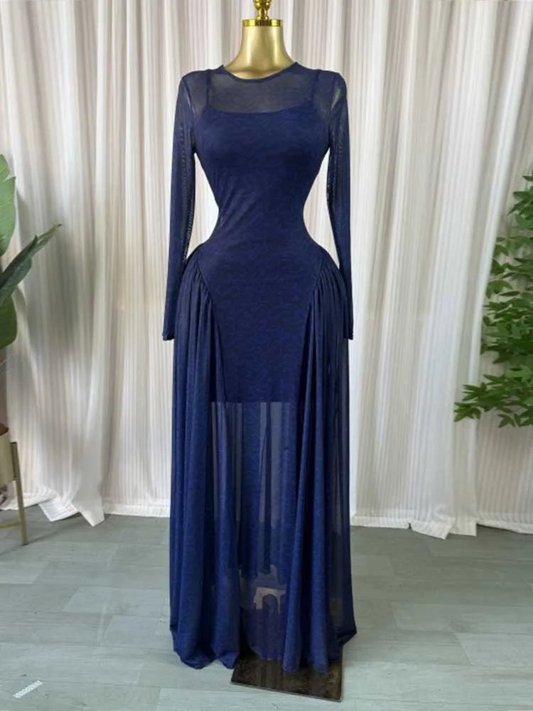Maxi Dress Woman Long Sleeve Spring High Waist Slimming Dress with Lingerie Thin Strap Dress Sexy Evening Dresses Woman Elegant