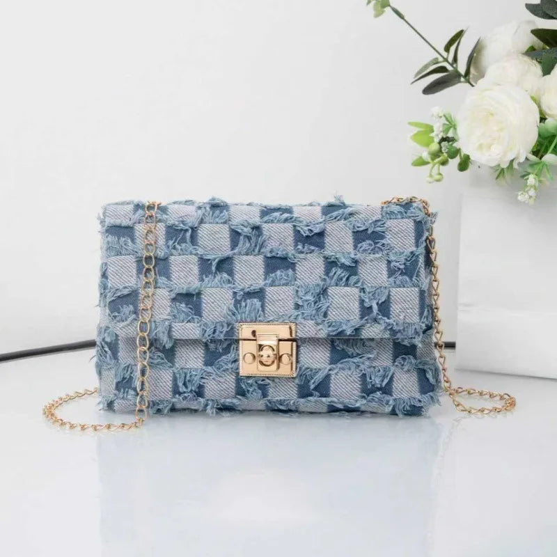Women Denim Shoulder Bag Casual Versatile Women's Bag City Simple Style Medium Square Bag Grid Chain Lock Buckle PU Lining