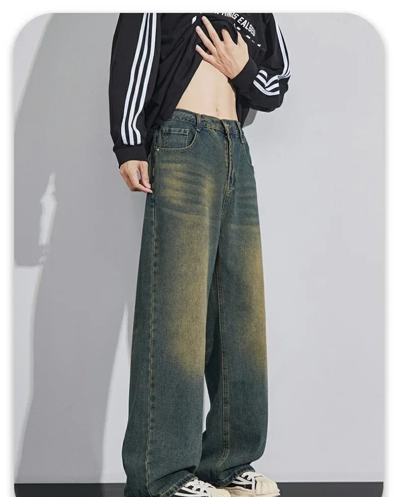 Men's Denim Pants Vintage Washing Wide Leg Loose Jeans Casual Straight American Style Street Men Trousers Four Seasons New 2026