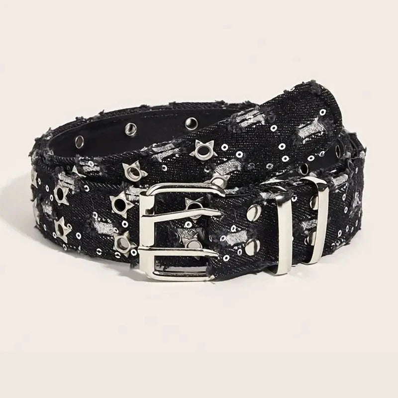 1PC New Fashion Luxury Belt Black Punk Accessories Blue Denim Girdle HipHop Y2k Star Hollowed Pin Buckle Waistband,For Men Women