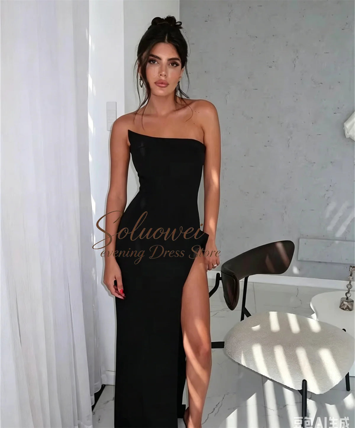 Elegant Women Pleat Evening Dresses Simple Black Mermaid Party Dress Sexy Off Shoulder High Slit Customized Vestidos De Fiesta