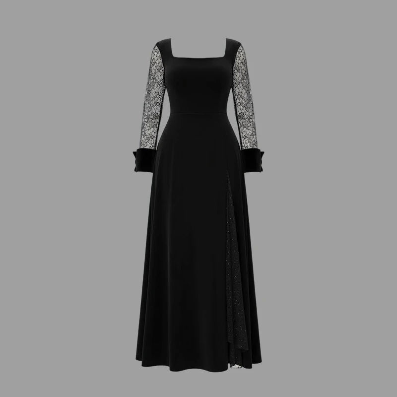Evening Prom Maxi Dresses for Women Summer Autumn 2025 Square-neck See-through Long Sleeve Banquet Cocktail Party Ladies Dress