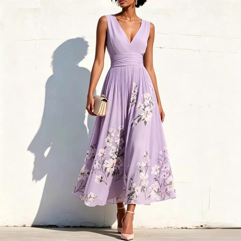 Elegant Print Dress For Women 2026 Fashion V Neck Sleeveless High Waist Big Swing A-line Lady Maxi Dresses Femme Holiday Party