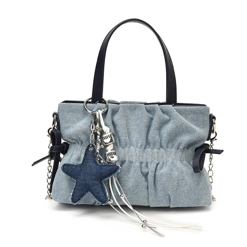 Denim Ruched Mini Tote Bag with Star Charm Women's Retro Shoulder Handbag Cute Crossbody Purse for Streetwear & Daily Use