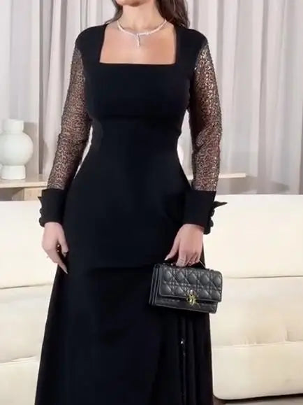 Evening Prom Maxi Dresses for Women Summer Autumn 2025 Square-neck See-through Long Sleeve Banquet Cocktail Party Ladies Dress