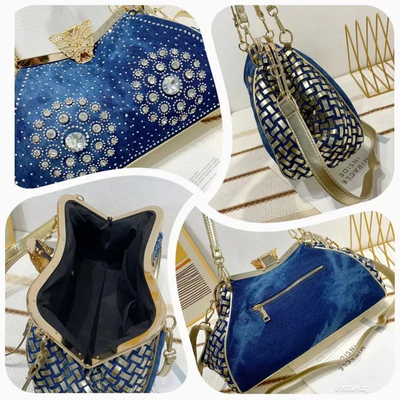 Denim Rhinestones Women Handbag Clutch Bag For Evening Party Chic Butterfly Decoration Ladies Denim Shoulder Bag