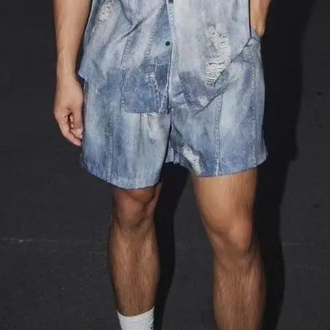 Summer New Imitation Denim Shirt Shorts Set Men's Design Loose Casual Two-piece Set