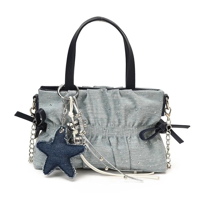 Denim Ruched Mini Tote Bag with Star Charm Women's Retro Shoulder Handbag Cute Crossbody Purse for Streetwear & Daily Use