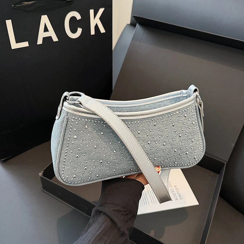 Vintage Denim Underarm Sling Bag Women Studded Diamond Shoulder Bag French Style Armpit Shopper Purse Verastile Crossbody Bag