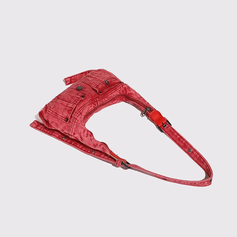 Fashion Denim Women Shoulder Bag small Casual Satchel Cool Girl Totes multi pocket design female Handbag red ladies Armpit bag