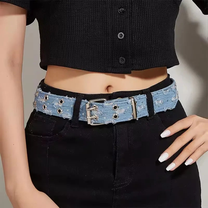 1PC New Fashion Luxury Belt Black Punk Accessories Blue Denim Girdle HipHop Y2k Star Hollowed Pin Buckle Waistband,For Men Women