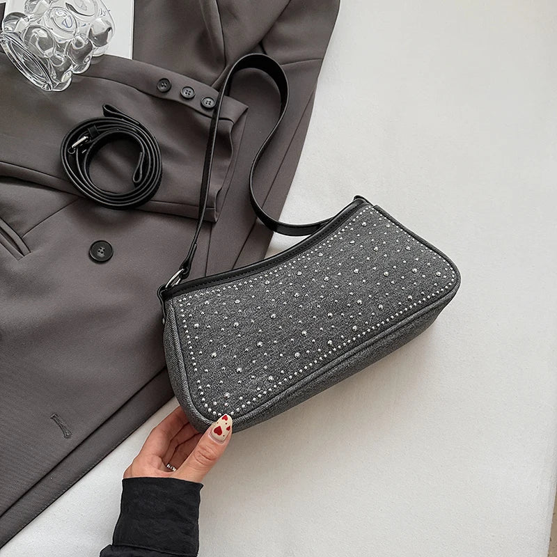 Vintage Denim Underarm Sling Bag Women Studded Diamond Shoulder Bag French Style Armpit Shopper Purse Verastile Crossbody Bag