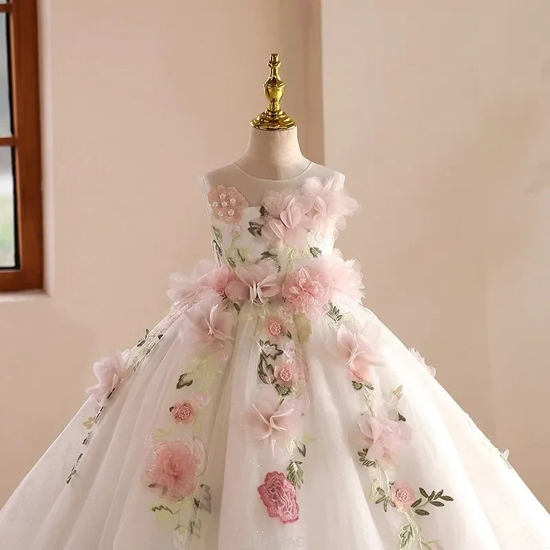 Elegant Dress For Girls Long Dress Floral Host Dresses Outfit Birthday Wedding Flower Gown Clothes Costume Children Pageant