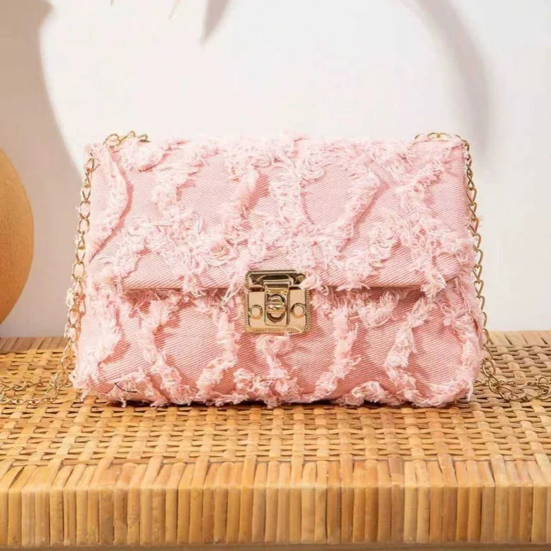 Women Denim Shoulder Bag Casual Versatile Women's Bag City Simple Style Medium Square Bag Grid Chain Lock Buckle PU Lining