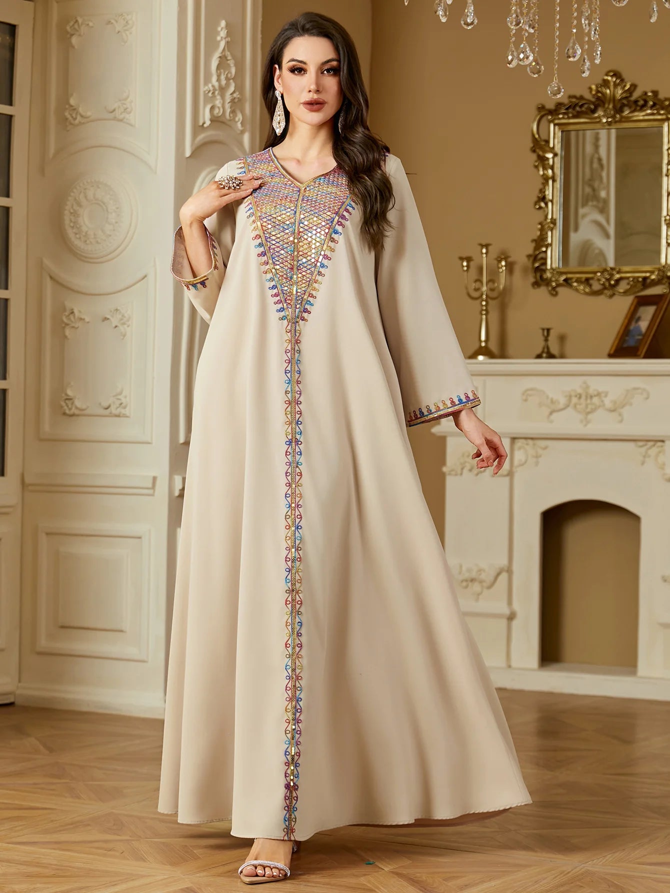 Muslim Elegant Dresses Women's Embroidery Long Sleeve Evening Dress Abayas Morocco Sequins V-neck Kaftan Eid Ramadan Party Robe