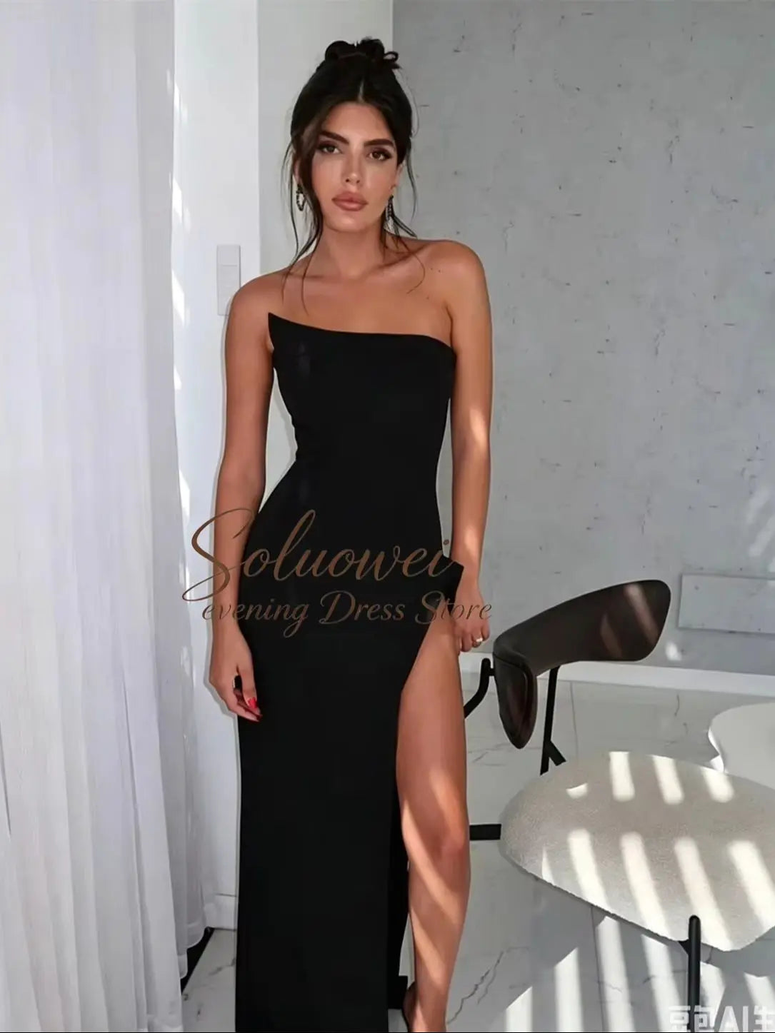 Elegant Women Pleat Evening Dresses Simple Black Mermaid Party Dress Sexy Off Shoulder High Slit Customized Vestidos De Fiesta