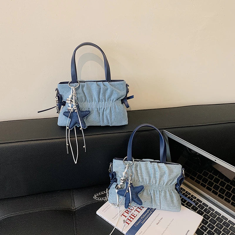 Denim Ruched Mini Tote Bag with Star Charm Women's Retro Shoulder Handbag Cute Crossbody Purse for Streetwear & Daily Use