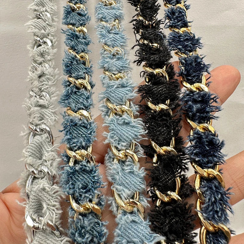 90cm Denim Woven Chains Straps For DIY Shoe Bag Clothing Decoration Craft Supplies Denim Metal Braided Trim Sewing Accessories