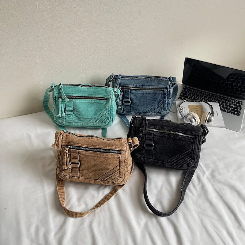 Retro washed denim crossbody bag, simple artistic and casual, multi pocket single shoulder small square bag
