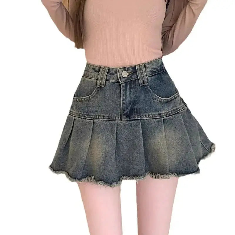 Vintage Fringe Design Slimming High-Waisted Denim Skirt Women's Faion Spring Collection 00% Other Material
