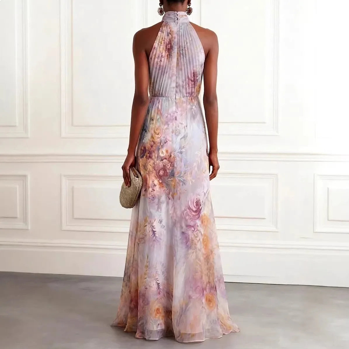 Halter Print Maxi Dress Women Sleeveless Long Dress Spring Summer Flowy Chiffon Evening Dress