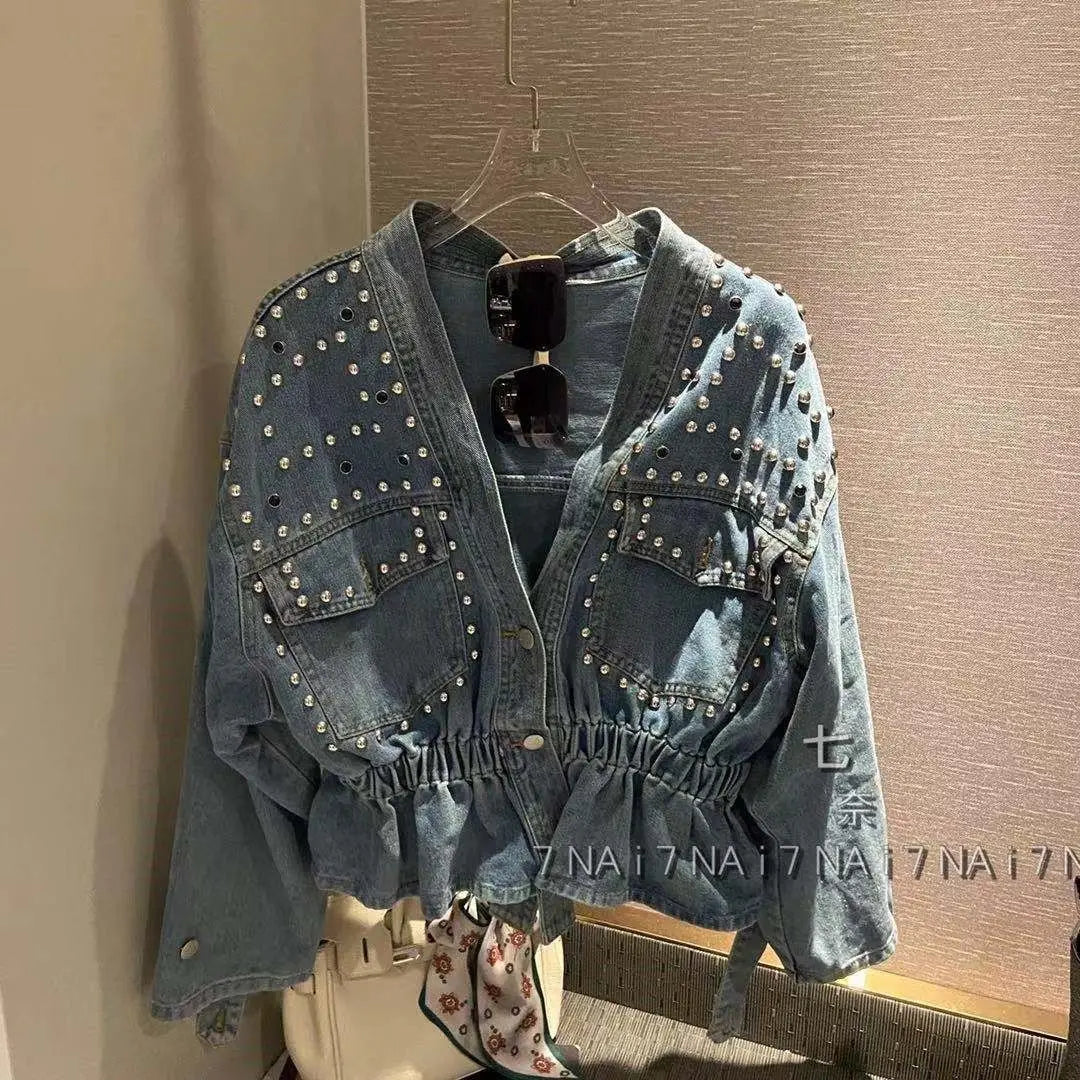 Design Inspired Denim Jacket For women 2025 Spring Autumn New Heavy Industry diamond Studded Nail bead Slimming Long sleeved Top