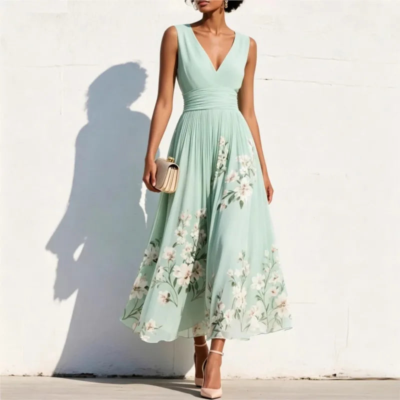 Elegant Print Dress For Women 2026 Fashion V Neck Sleeveless High Waist Big Swing A-line Lady Maxi Dresses Femme Holiday Party
