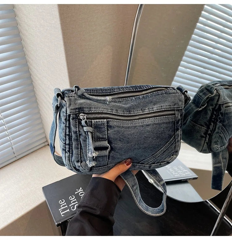 Retro washed denim crossbody bag, simple artistic and casual, multi pocket single shoulder small square bag