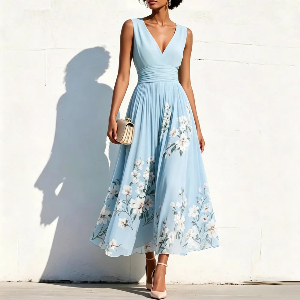 Elegant Print Dress For Women 2026 Fashion V Neck Sleeveless High Waist Big Swing A-line Lady Maxi Dresses Femme Holiday Party