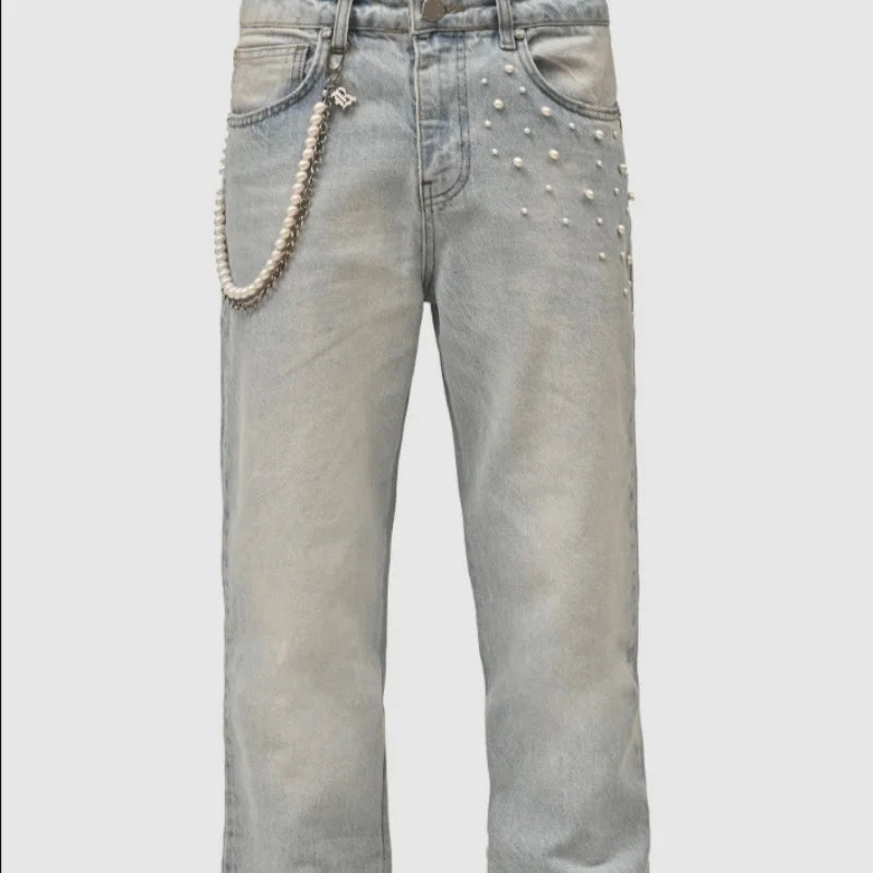 2025 New men's denim European and American street fashion Instagram hot item elastic stacked denim straight leg pants