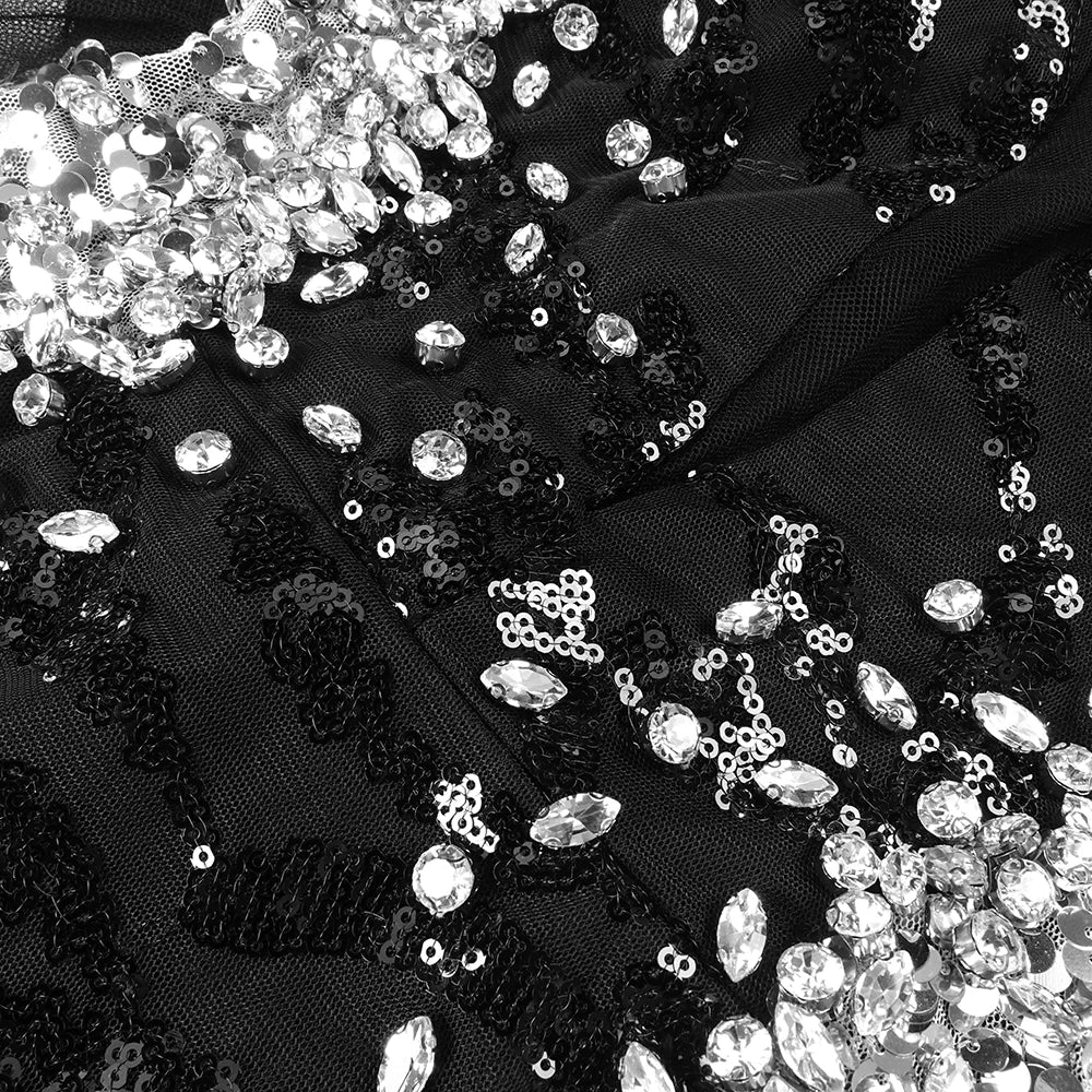 Sexy Deep V Sequin Sheer Evening Dress – Black Sparkle Formal Evening Banquet Gown with Plunging Neckline