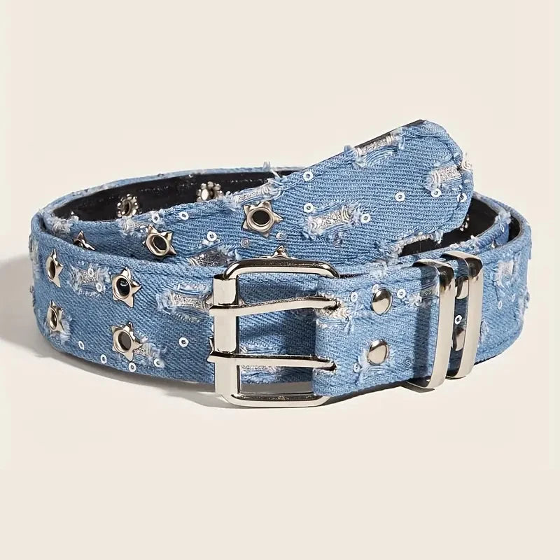 1PC New Fashion Luxury Belt Black Punk Accessories Blue Denim Girdle HipHop Y2k Star Hollowed Pin Buckle Waistband,For Men Women