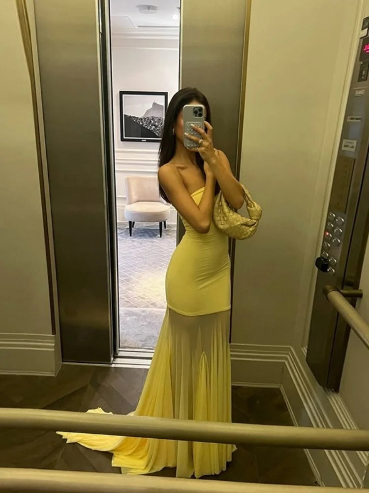 Solid Yellow Maxi Dresses For Women Evening Party Clothes Strapless Vestidos Elegantes Para Mujer Floor Length Wedding Dresses