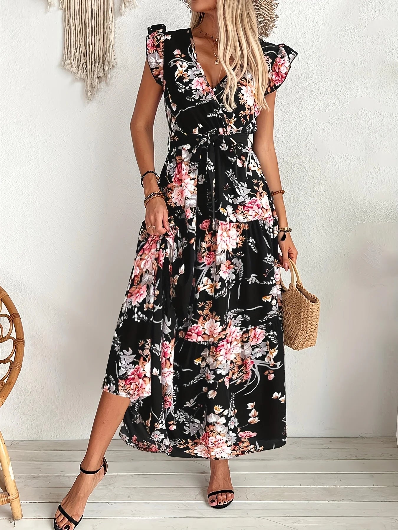 Elegant Digital Print Maxi Dress Vivid Floral Pattern for Vacation Resort Special Evenings