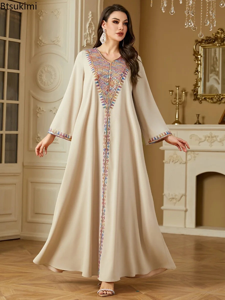 Muslim Elegant Dresses Women's Embroidery Long Sleeve Evening Dress Abayas Morocco Sequins V-neck Kaftan Eid Ramadan Party Robe