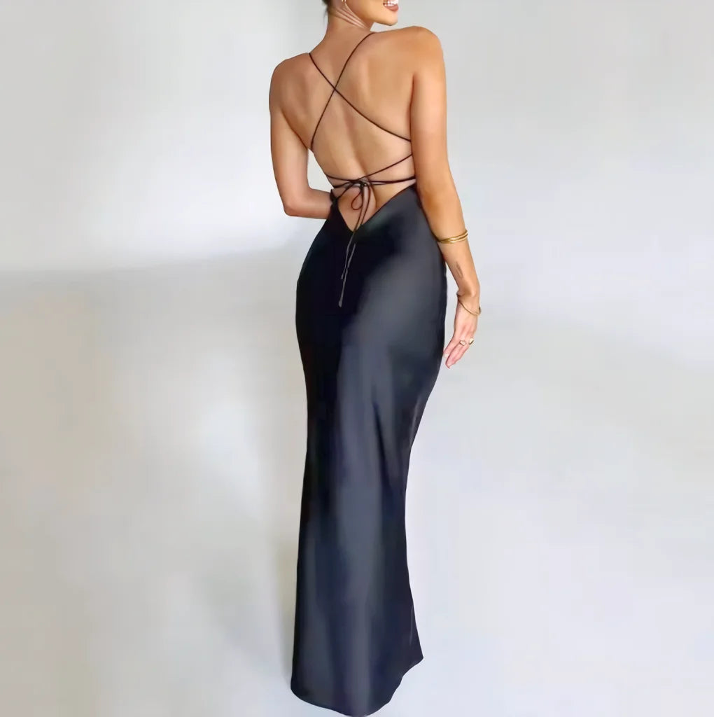 Sexy halter satin dress, a new autumn fashion backless strappy cinched-waist long dress