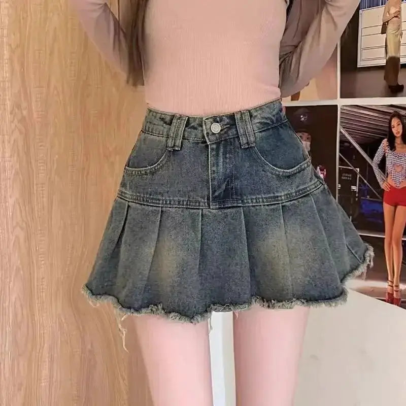 Vintage Fringe Design Slimming High-Waisted Denim Skirt Women's Faion Spring Collection 00% Other Material