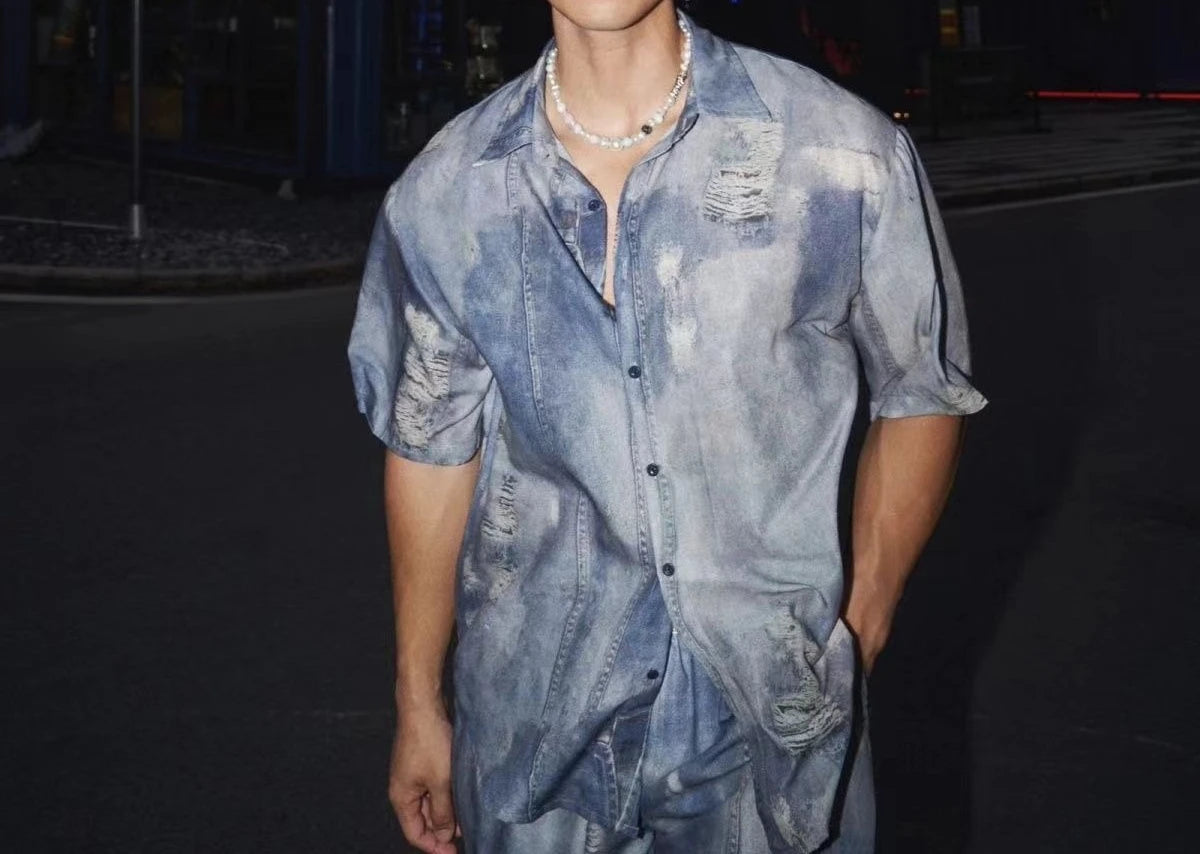 Summer New Imitation Denim Shirt Shorts Set Men's Design Loose Casual Two-piece Set