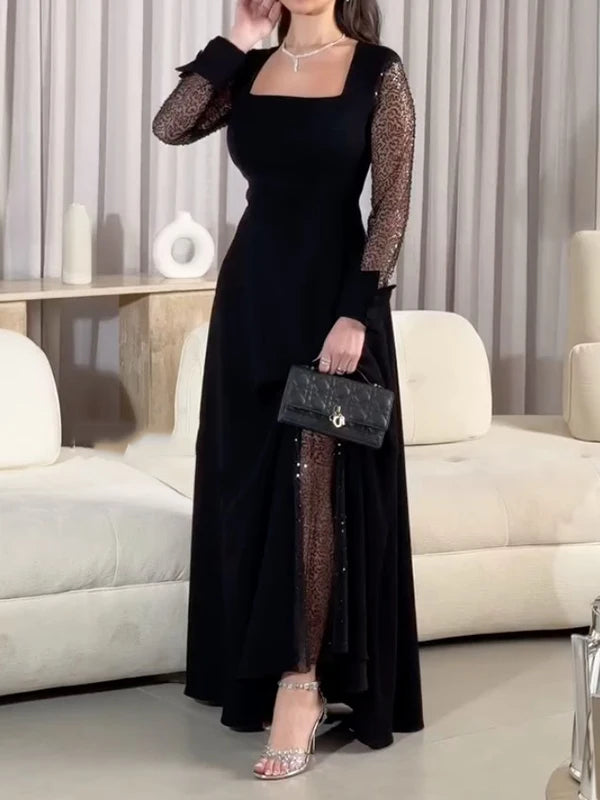 Evening Prom Maxi Dresses for Women Summer Autumn 2025 Square-neck See-through Long Sleeve Banquet Cocktail Party Ladies Dress