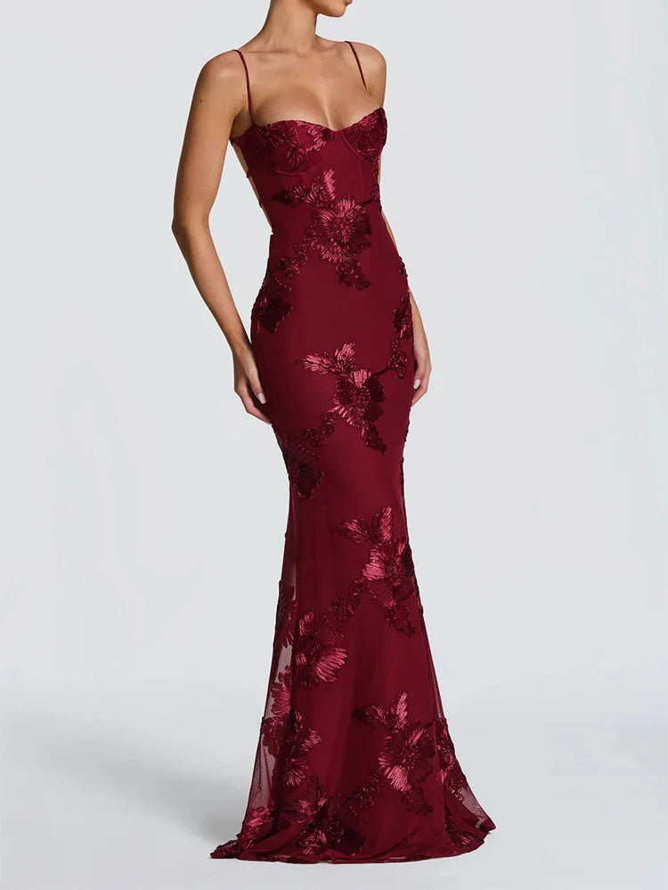 Elegant temperament flower evening dress female high-end banquet wearing sling dress slim French backless solid color dress