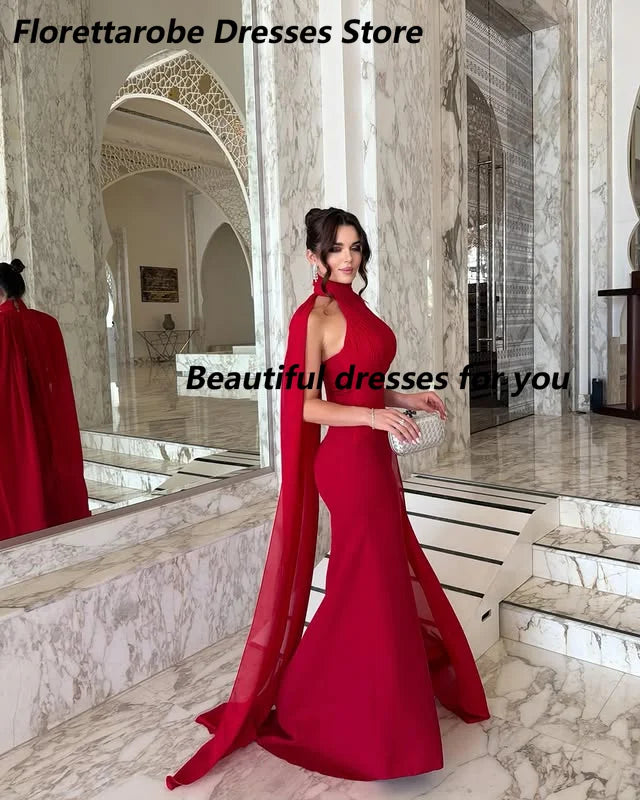 Elegant Red Evening Dress Customized Cloak High Neck A Line Floor Length Prom Gown Women Formal Party Dresses for Wedding