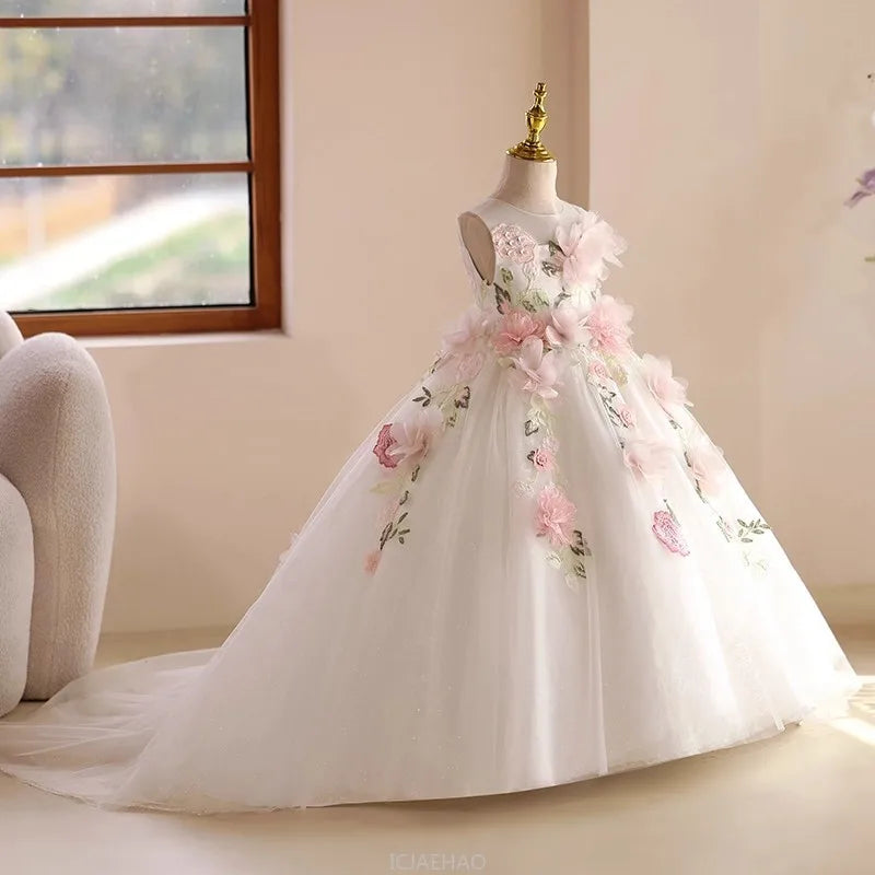 Elegant Dress For Girls Long Dress Floral Host Dresses Outfit Birthday Wedding Flower Gown Clothes Costume Children Pageant
