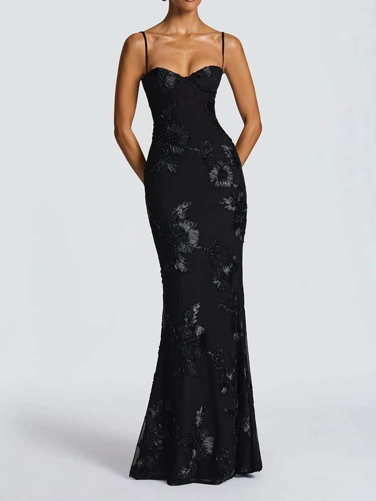 Elegant temperament flower evening dress female high-end banquet wearing sling dress slim French backless solid color dress