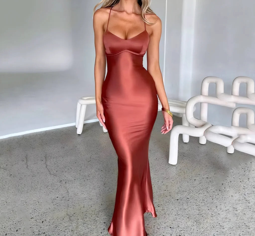 Sexy halter satin dress, a new autumn fashion backless strappy cinched-waist long dress