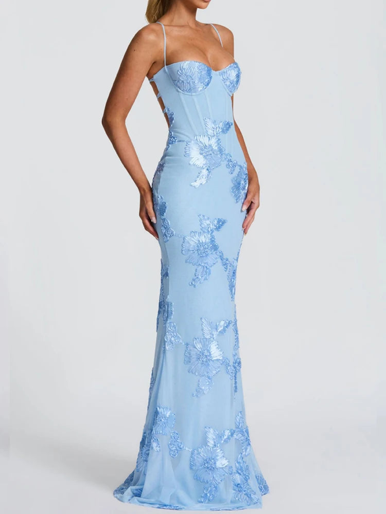 Elegant temperament flower evening dress female high-end banquet wearing sling dress slim French backless solid color dress