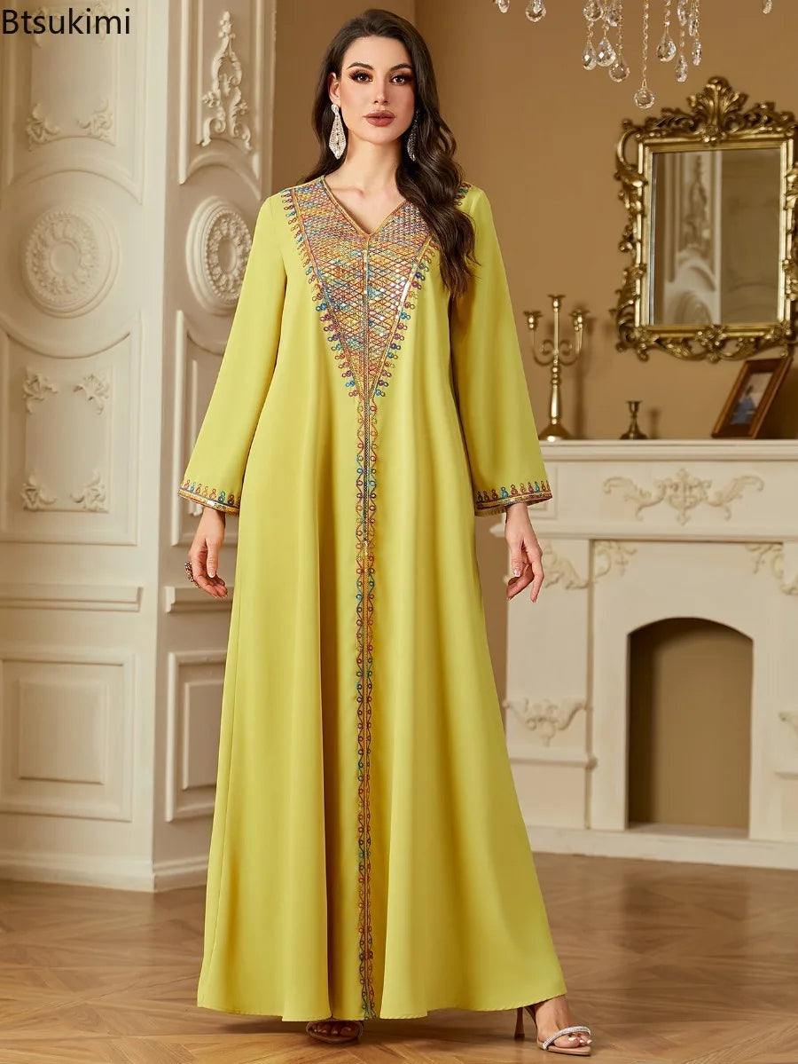 Muslim Elegant Dresses Women's Embroidery Long Sleeve Evening Dress Abayas Morocco Sequins V-neck Kaftan Eid Ramadan Party Robe