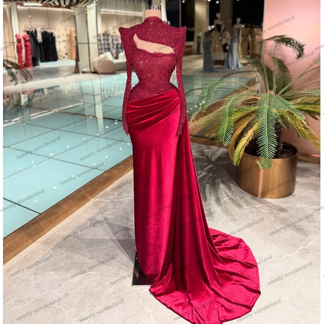 Elegant Velour Evening Dresses High Collar Lace Sequined Prom Dress Long Sleeves Formal Party Gown Gala Vestidos Customized